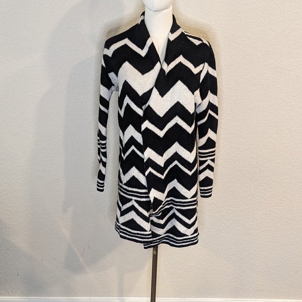Chicos Black and White Wool Blend Geometric Pattern Cardigan | Sz 1X